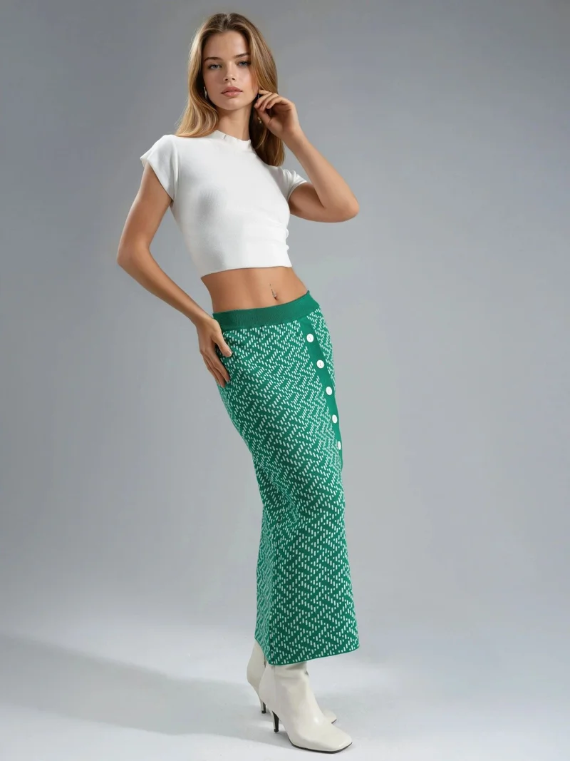 MY FASHION Pine Green MY FASHION High Waist Geometric Knit Maxi Skirt with Button Closure for Women | Best Price UAE